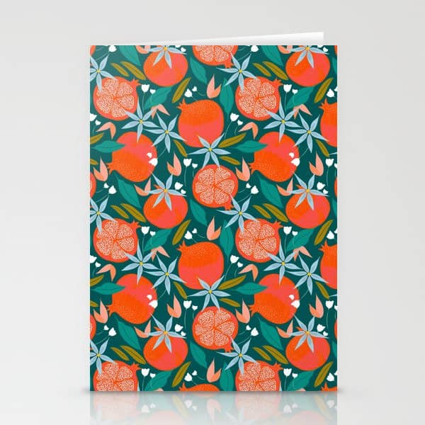 Summer Pomegranate, Tropical Fruit Illustration, Colorful Eclectic Bohemian Juicy Summer Botanical Stationery Card