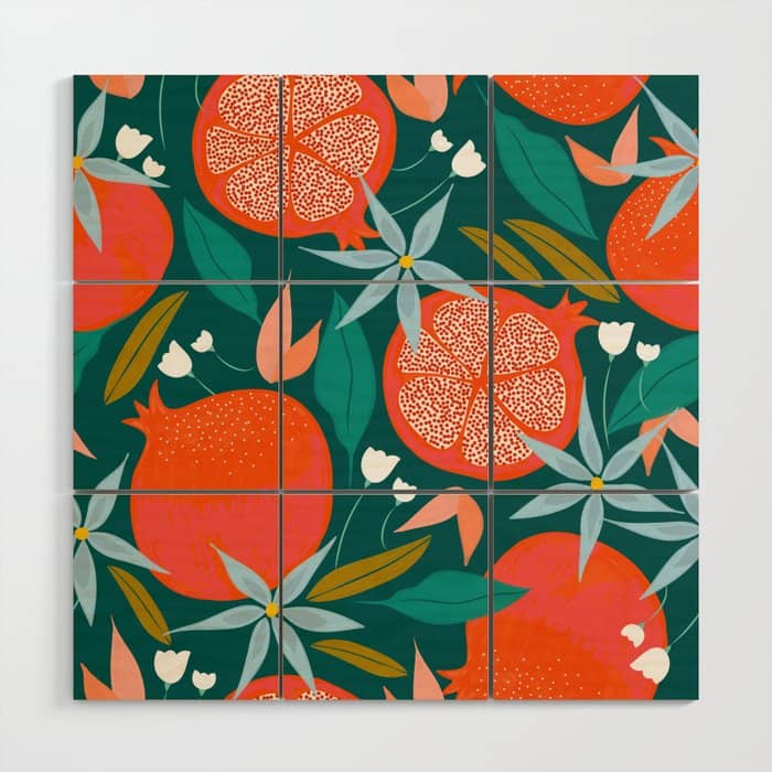 Summer Pomegranate, Tropical Fruit Illustration, Colorful Eclectic Bohemian Juicy Summer Botanical Wood Wall Art