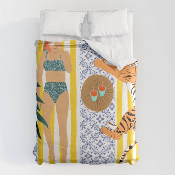How To Vacay With Your Tiger, Human Animal Connection Illustration, Tropical Travel Morocco Painting Duvet Cover
