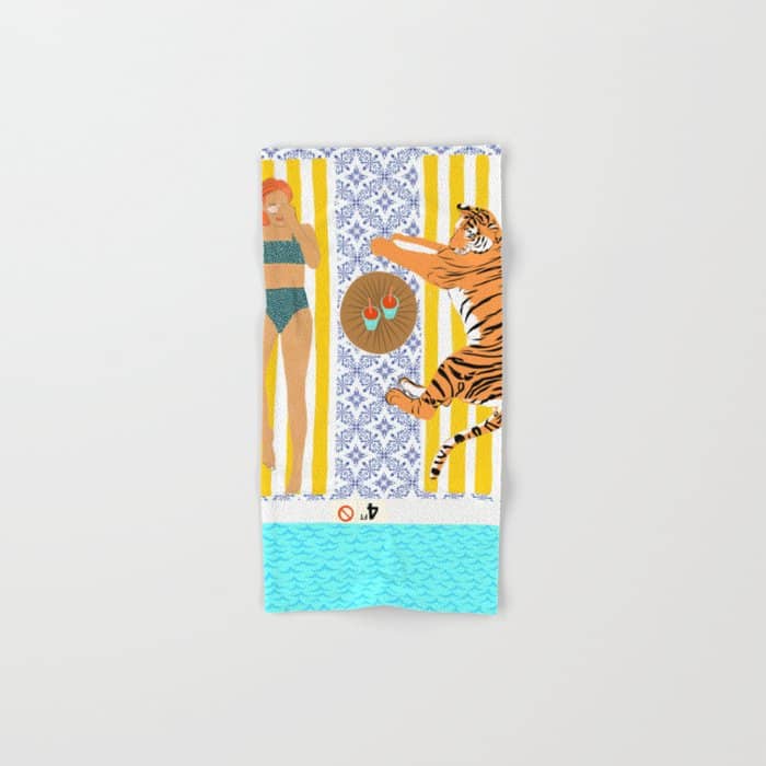 How To Vacay With Your Tiger, Human Animal Connection Illustration, Tropical Travel Morocco Painting Bath Towel