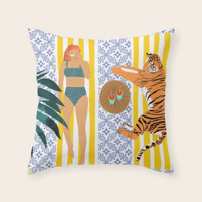 How To Vacay With Your Tiger, Human Animal Connection Illustration, Tropical Travel Morocco Painting Throw Pillow