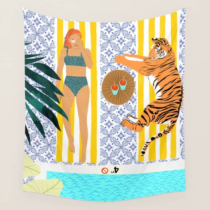 How To Vacay With Your Tiger, Human Animal Connection Illustration, Tropical Travel Morocco Painting Wall Tapestry