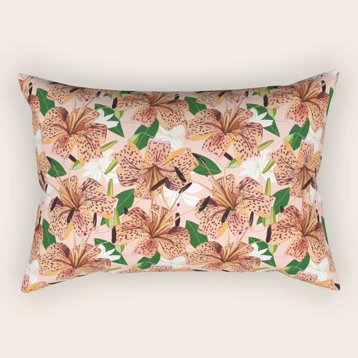 Tiger Lillies, Tropical Blush Botanical Illustration, Polka Dots Nature Vibrant Floral Jungle Rectangular Pillow