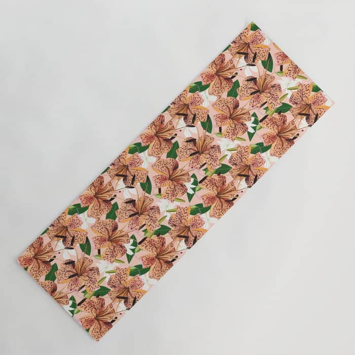 Tiger Lillies, Tropical Blush Botanical Illustration, Polka Dots Nature Vibrant Floral Jungle Yoga Mat
