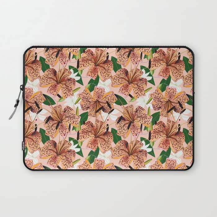 Tiger Lillies, Tropical Blush Botanical Illustration, Polka Dots Nature Vibrant Floral Jungle Laptop Sleeve