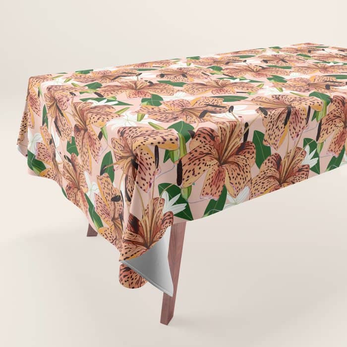Tiger Lillies, Tropical Blush Botanical Illustration, Polka Dots Nature Vibrant Floral Jungle Tablecloth