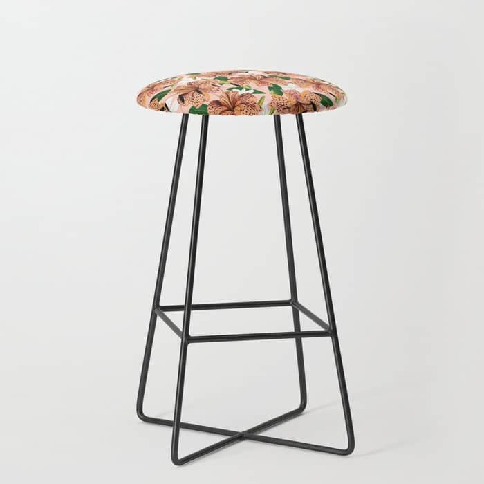 Tiger Lillies, Tropical Blush Botanical Illustration, Polka Dots Nature Vibrant Floral Jungle Stool
