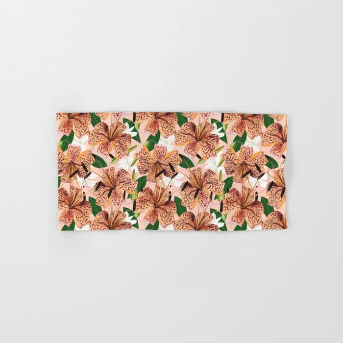 Tiger Lillies, Tropical Blush Botanical Illustration, Polka Dots Nature Vibrant Floral Jungle Bath Towel