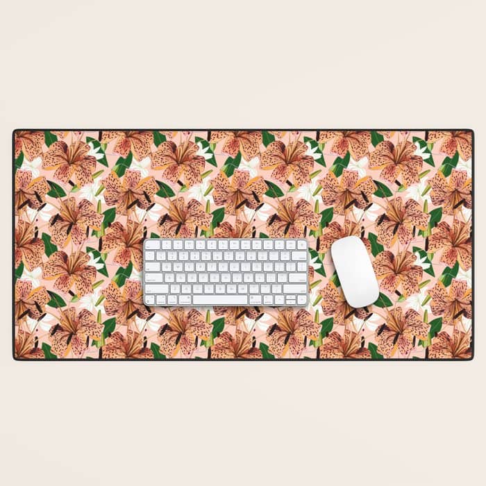 Tiger Lillies, Tropical Blush Botanical Illustration, Polka Dots Nature Vibrant Floral Jungle Desk Mat