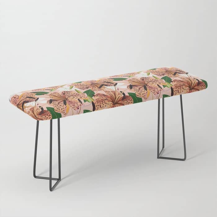 Tiger Lillies, Tropical Blush Botanical Illustration, Polka Dots Nature Vibrant Floral Jungle Bench