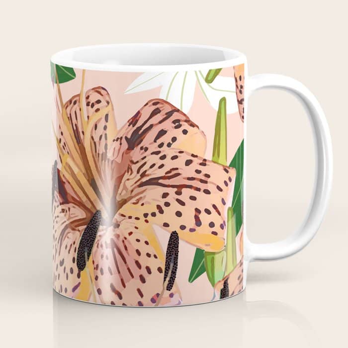 Tiger Lillies, Tropical Blush Botanical Illustration, Polka Dots Nature Vibrant Floral Jungle Coffee Mug