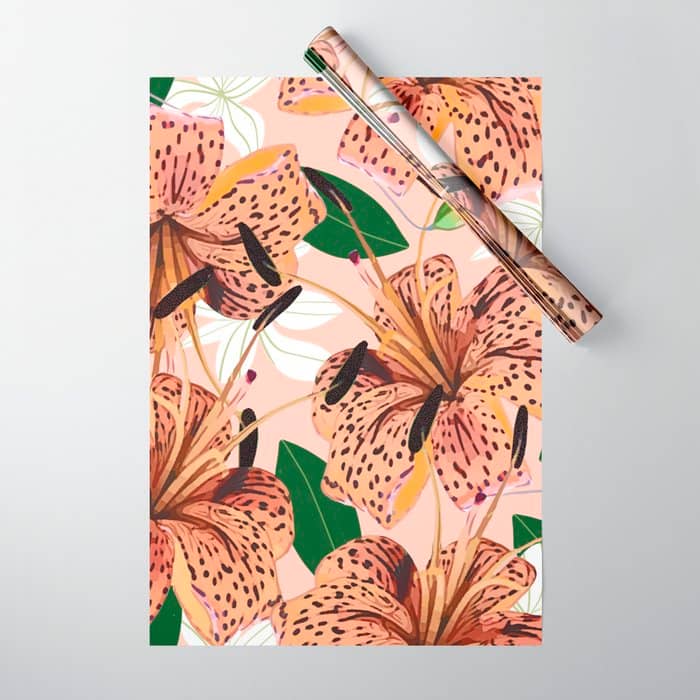 Tiger Lillies, Tropical Blush Botanical Illustration, Polka Dots Nature Vibrant Floral Jungle Wrapping Paper