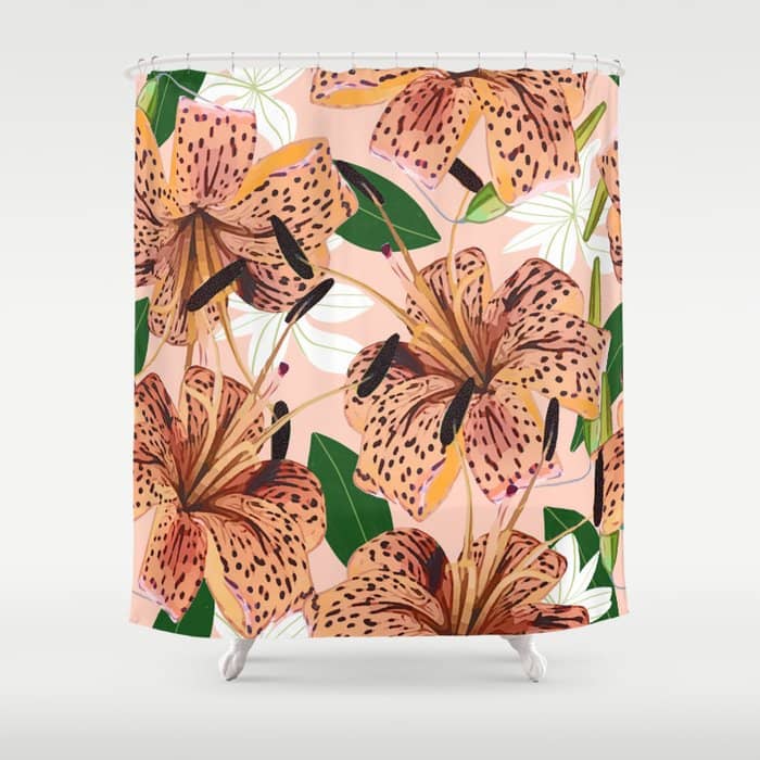 Tiger Lillies, Tropical Blush Botanical Illustration, Polka Dots Nature Vibrant Floral Jungle Shower Curtain