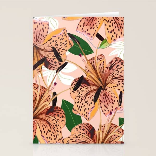 Tiger Lillies, Tropical Blush Botanical Illustration, Polka Dots Nature Vibrant Floral Jungle Stationery Card