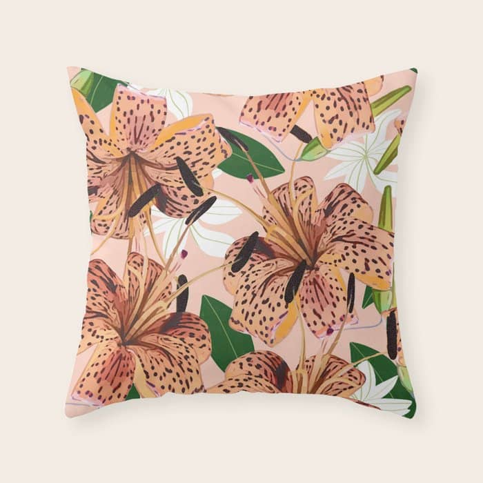 Tiger Lillies, Tropical Blush Botanical Illustration, Polka Dots Nature Vibrant Floral Jungle Throw Pillow