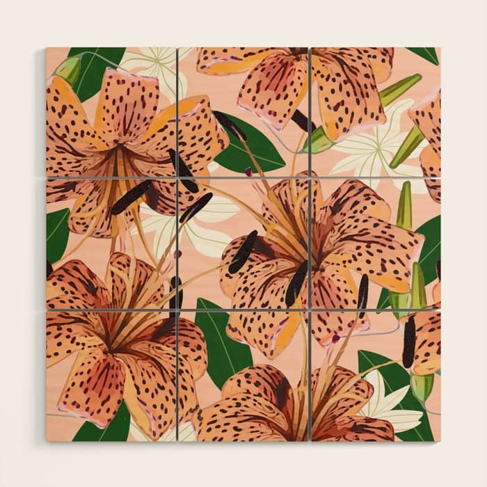 Tiger Lillies, Tropical Blush Botanical Illustration, Polka Dots Nature Vibrant Floral Jungle Wood Wall Art