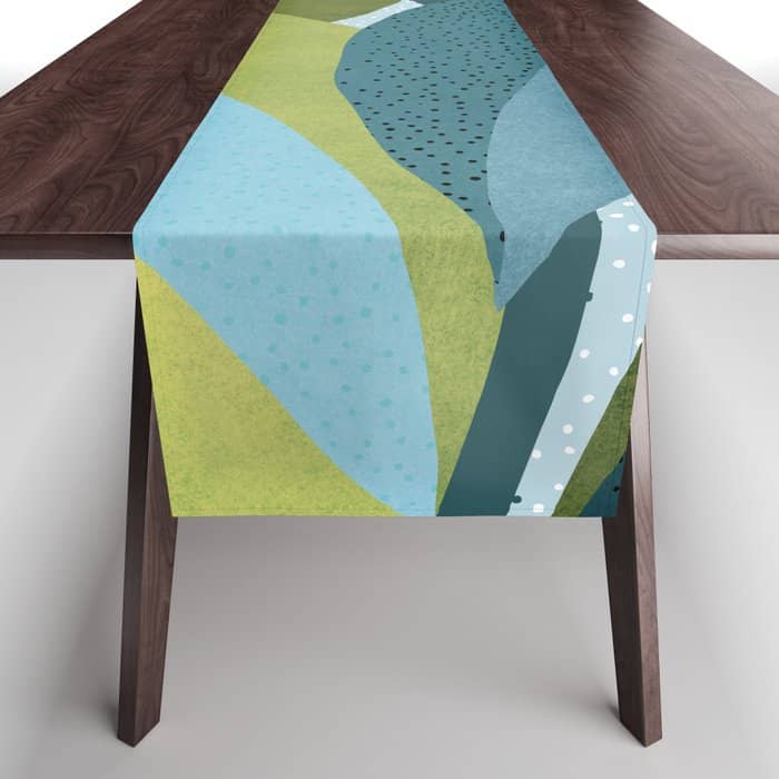 Abstract Maximal Flora In French Blue And Olive Table Runner
