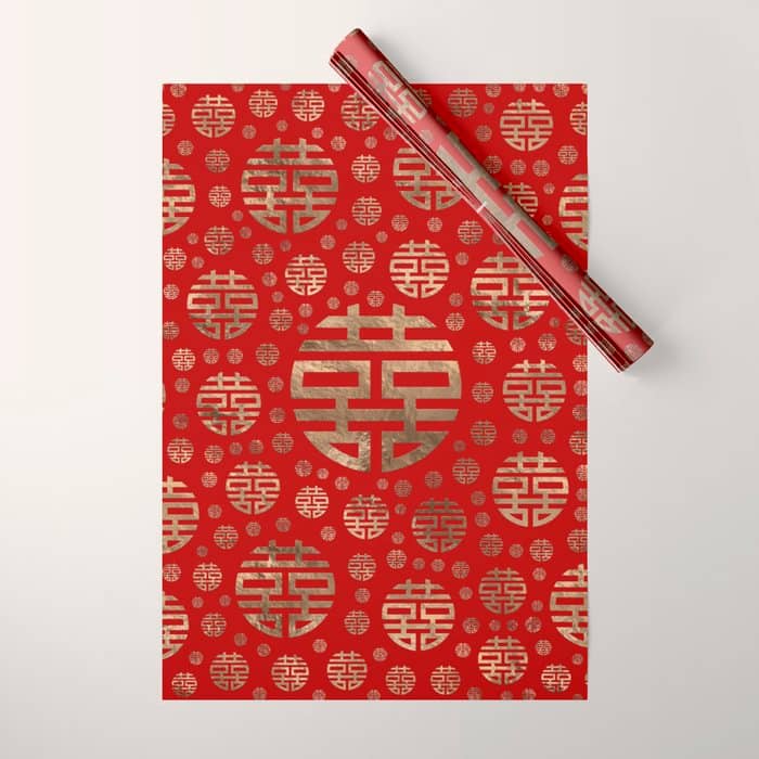 Double Happiness Symbol Pattern - Gold On Red Wrapping Paper