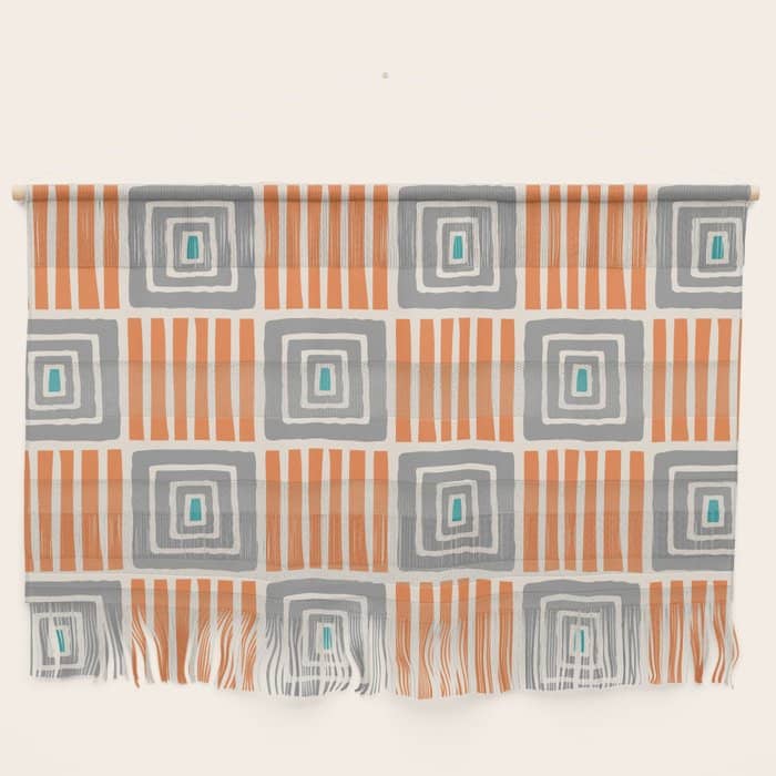 Retro Mid Century Modern Check Pattern 732 Turquoise Orange And Gray Wall Hanging