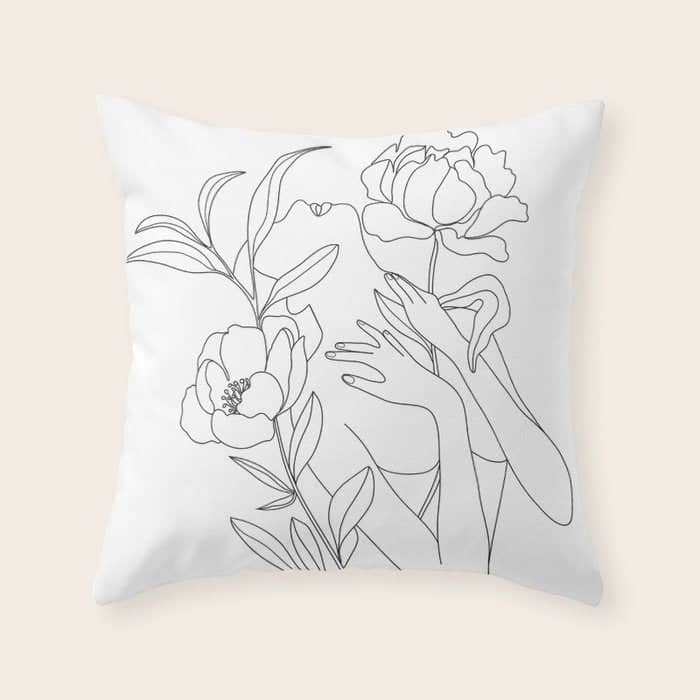 Minimal Line Art Woman With Peonies Throw Pillow