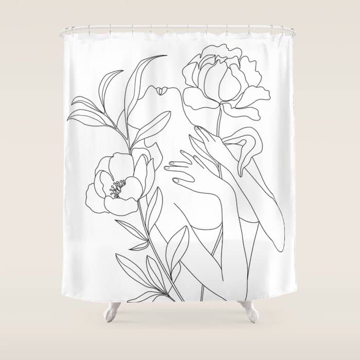 Minimal Line Art Woman With Peonies Shower Curtain