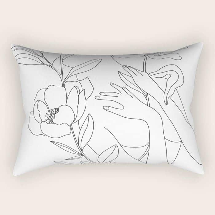 Minimal Line Art Woman With Peonies Rectangular Pillow