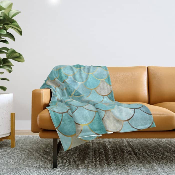 Moroccan Mermaid Fish Scale Pattern, Aqua,Teal Throw Blanket