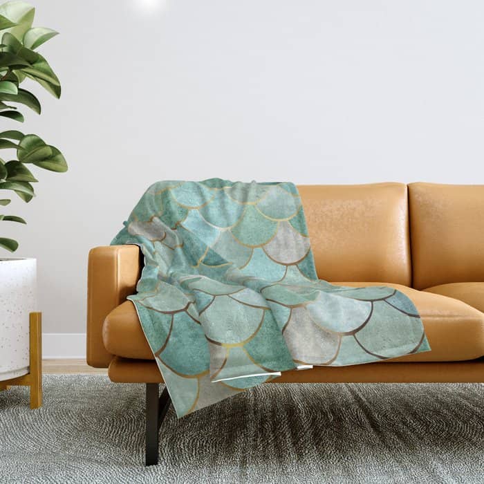 Moroccan Mermaid Fish Scale Pattern, Green And Gold Throw Blanket