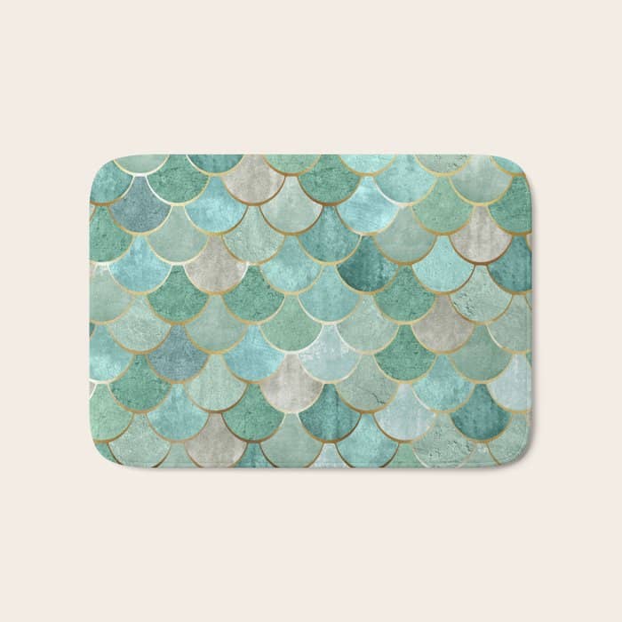 Moroccan Mermaid Fish Scale Pattern, Green And Gold Bath Mat