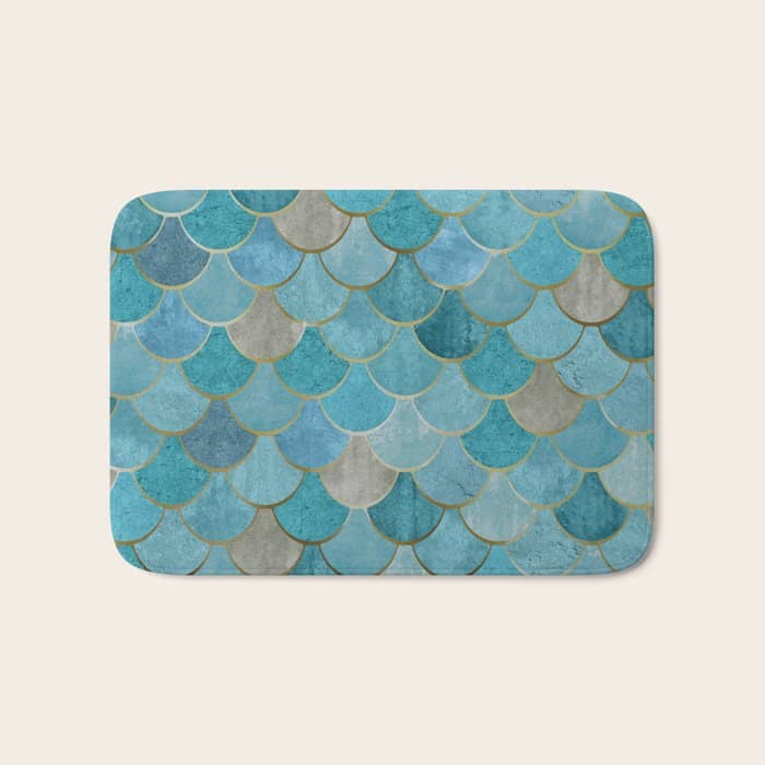 Moroccan Fish Scale Mermaid Pattern, Teal Blue And Gold Bath Mat