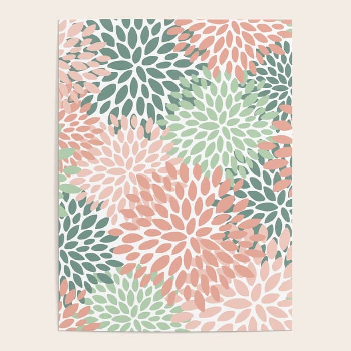 Festive, Abstract Floral Prints, Coral And Green Poster