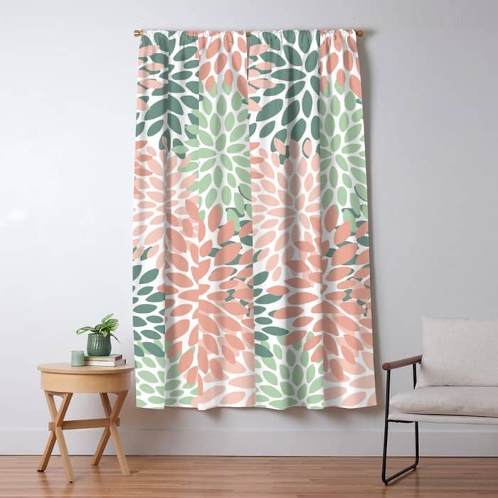 Festive, Abstract Floral Prints, Coral And Green Window Curtain