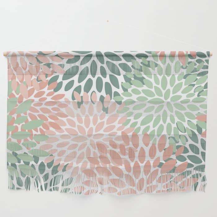 Festive, Abstract Floral Prints, Coral And Green Wall Hanging