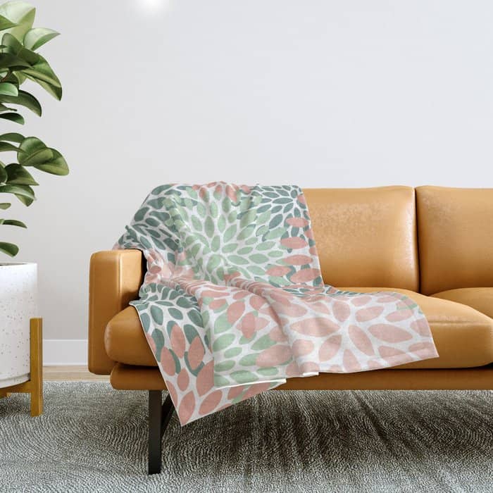 Festive, Abstract Floral Prints, Coral And Green Throw Blanket
