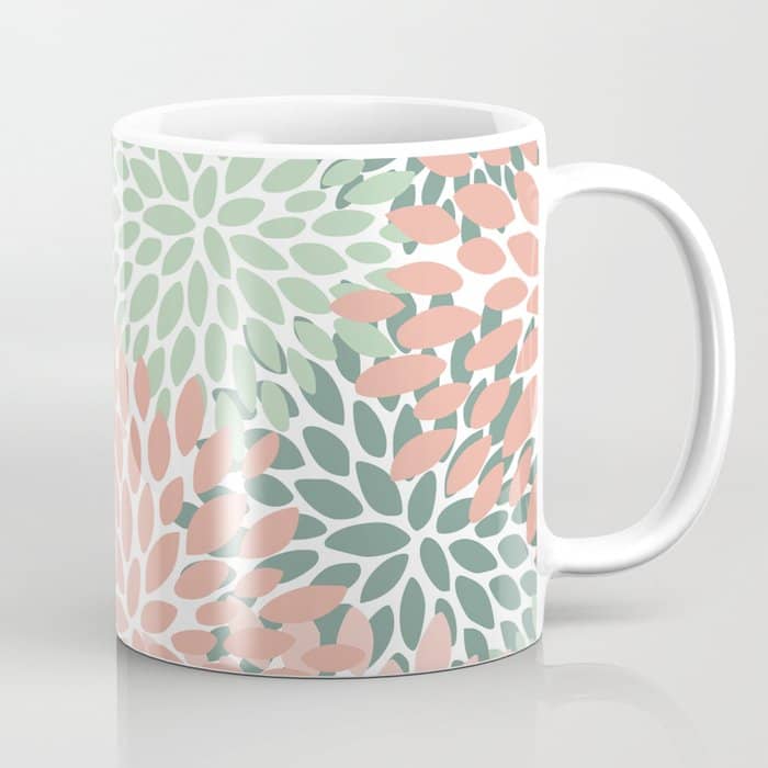 Festive, Abstract Floral Prints, Coral And Green Coffee Mug