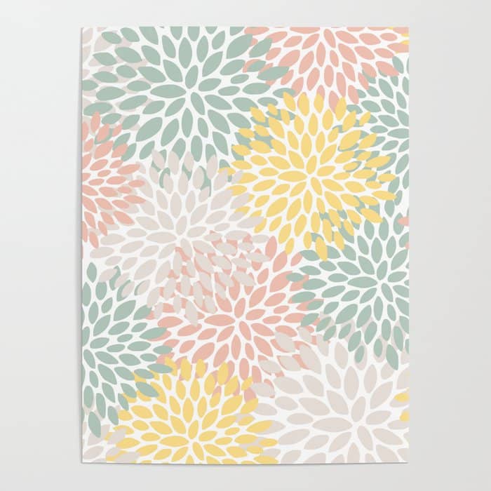 Festive, Abstract, Floral Prints, Coral, Green, Yellow Poster