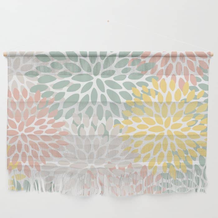 Festive, Abstract, Floral Prints, Coral, Green, Yellow Wall Hanging