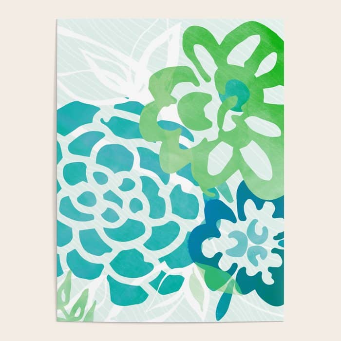 Blue And Green Coastal Floral Watercolor Poster