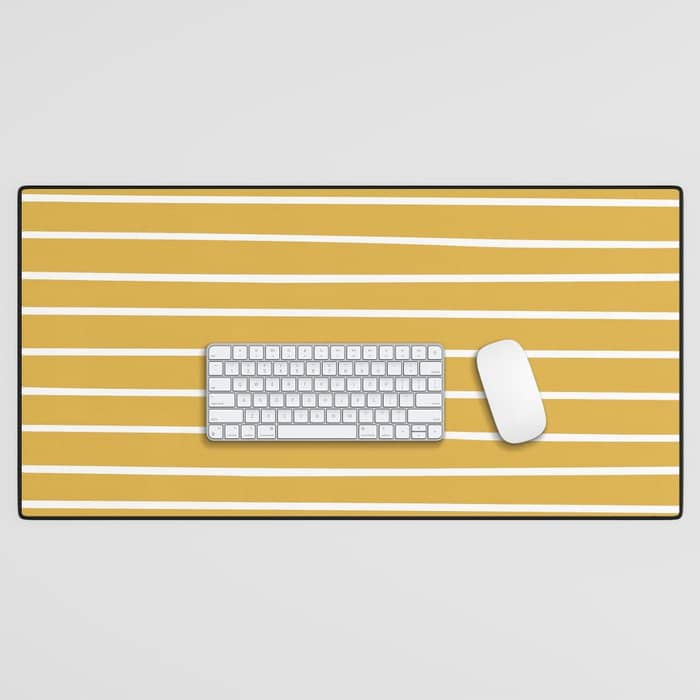 Colorful Stripes, Mustard Yellow And White, Abstract Art Desk Mat