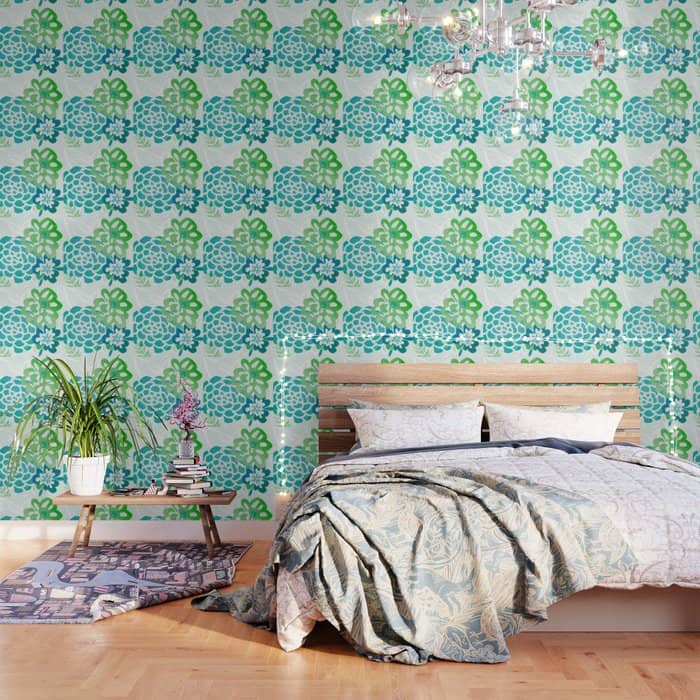 Blue And Green Coastal Floral Watercolor Wallpaper