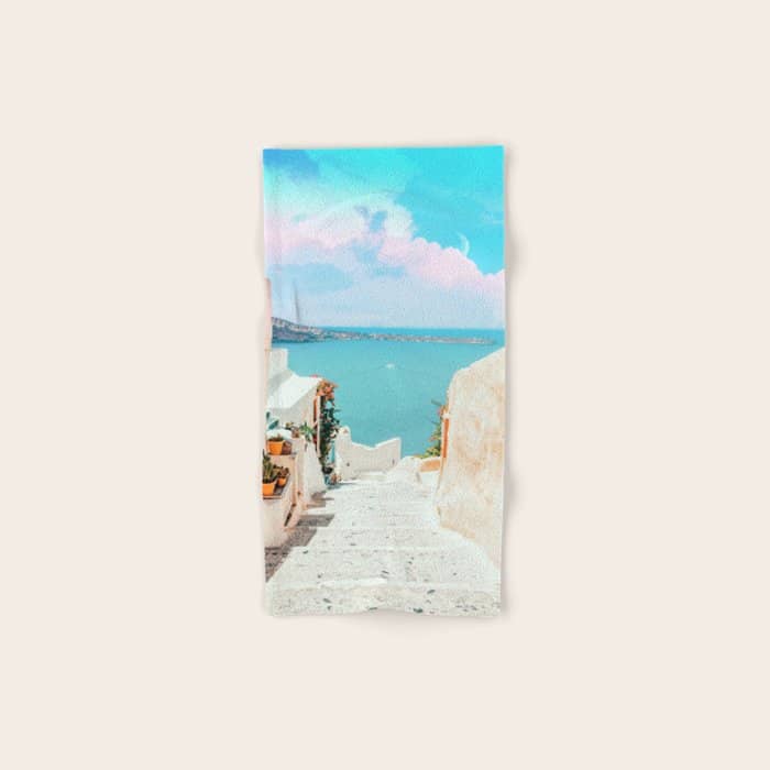 Surreal Greece, Tropical Travel Scenic Photography, Colorful Pastel Landscape Bohemian Architecture Bath Towel