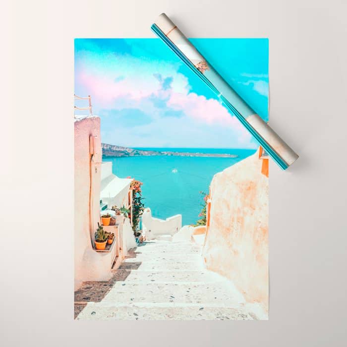 Surreal Greece, Tropical Travel Scenic Photography, Colorful Pastel Landscape Bohemian Architecture Wrapping Paper