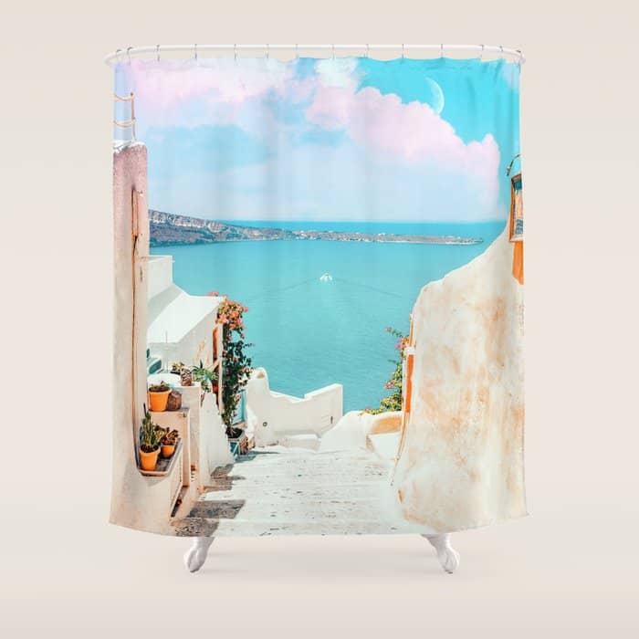 Surreal Greece, Tropical Travel Scenic Photography, Colorful Pastel Landscape Bohemian Architecture Shower Curtain