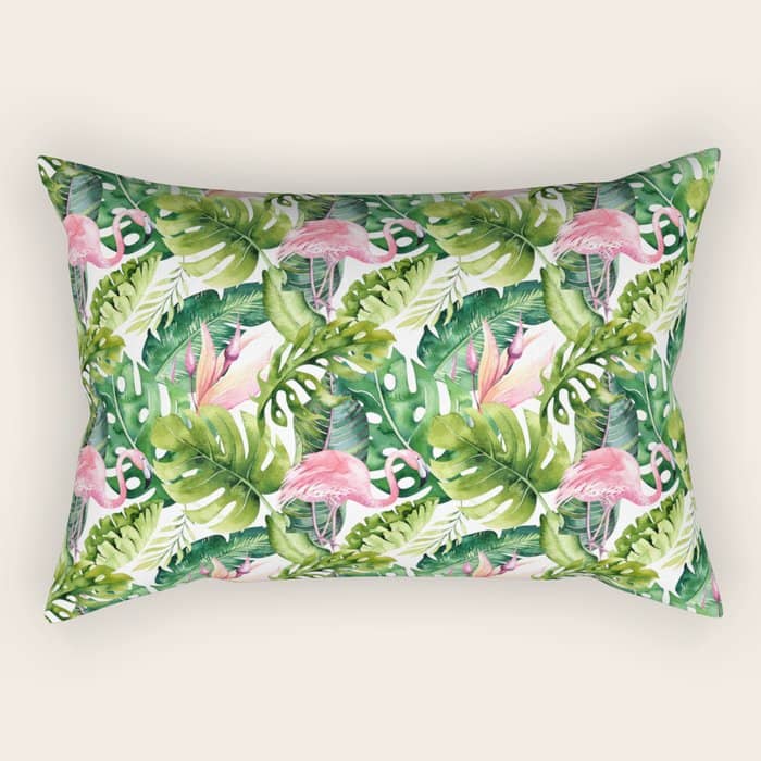 Flamingo Tropical, Colorful Tropical Jungle Monstera Painting, Watercolor Birds Banana Leaves Rectangular Pillow