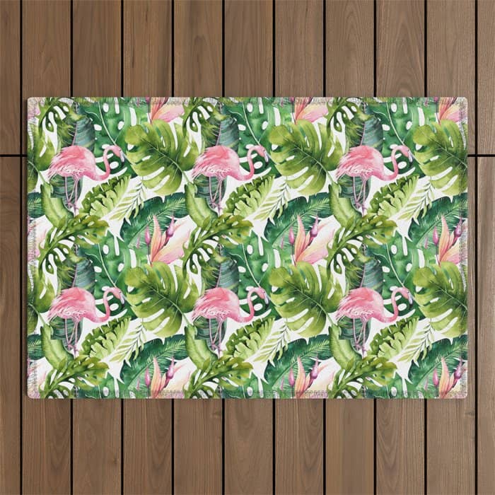 Flamingo Tropical, Colorful Tropical Jungle Monstera Painting, Watercolor Birds Banana Leaves Outdoor Rug