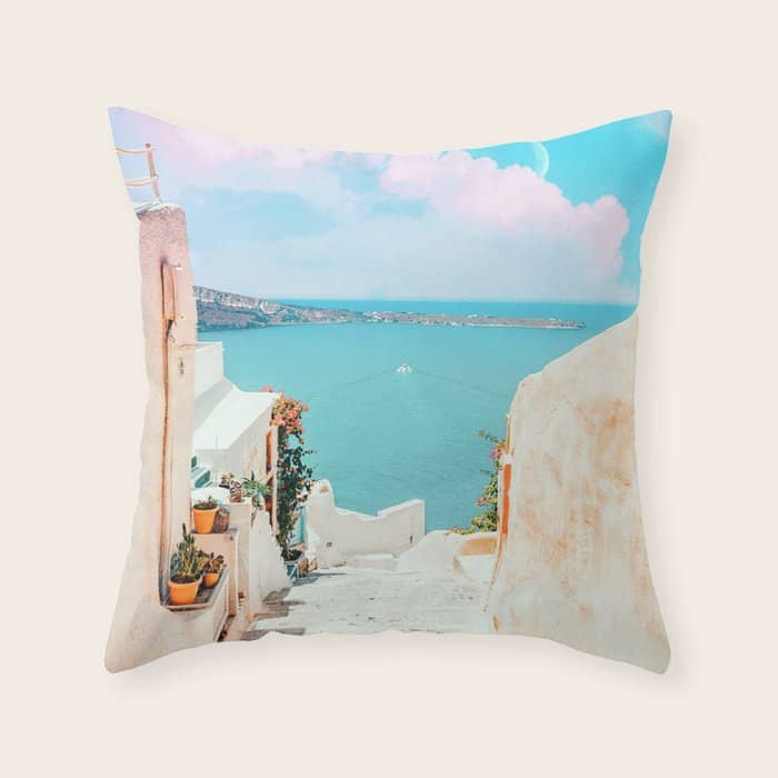 Surreal Greece, Tropical Travel Scenic Photography, Colorful Pastel Landscape Bohemian Architecture Throw Pillow
