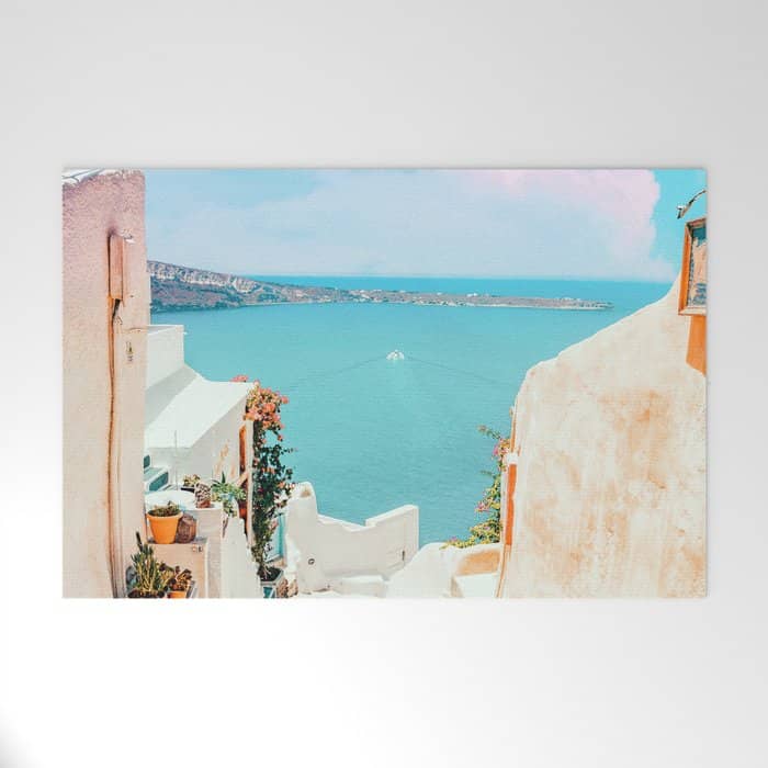 Surreal Greece, Tropical Travel Scenic Photography, Colorful Pastel Landscape Bohemian Architecture Welcome Mat