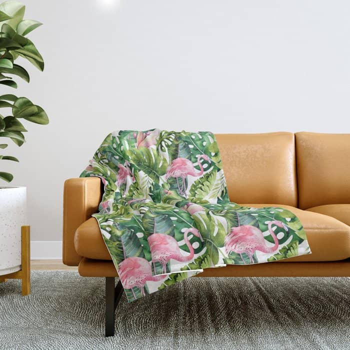Flamingo Tropical, Colorful Tropical Jungle Monstera Painting, Watercolor Birds Banana Leaves Throw Blanket