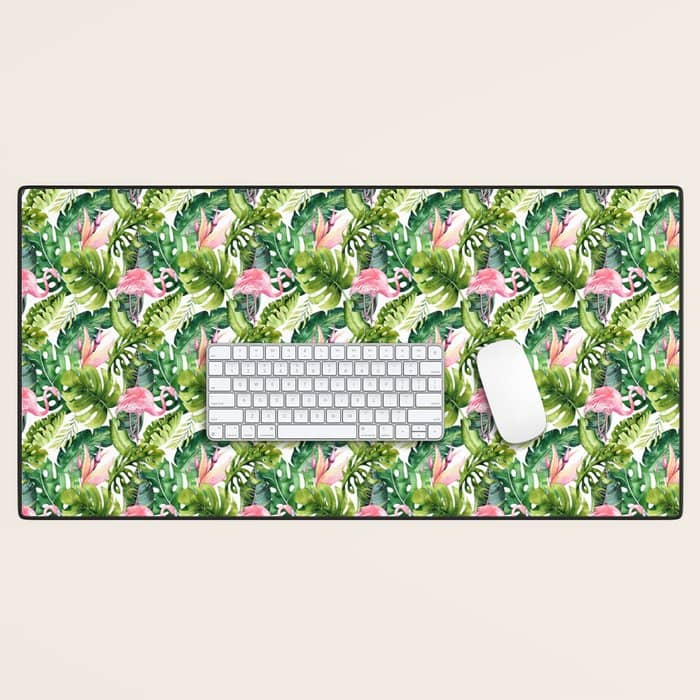 Flamingo Tropical, Colorful Tropical Jungle Monstera Painting, Watercolor Birds Banana Leaves Desk Mat