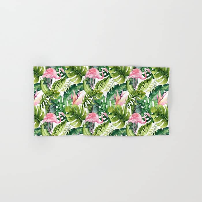 Flamingo Tropical, Colorful Tropical Jungle Monstera Painting, Watercolor Birds Banana Leaves Bath Towel
